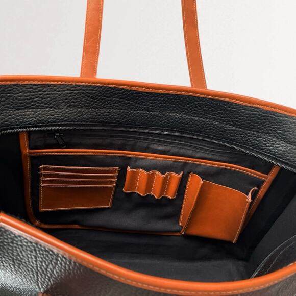 GUESS Black Cognac Leather Satchel Laptop Bag 90s Vintage Oldmoney Corporate - Picture 3 of 9